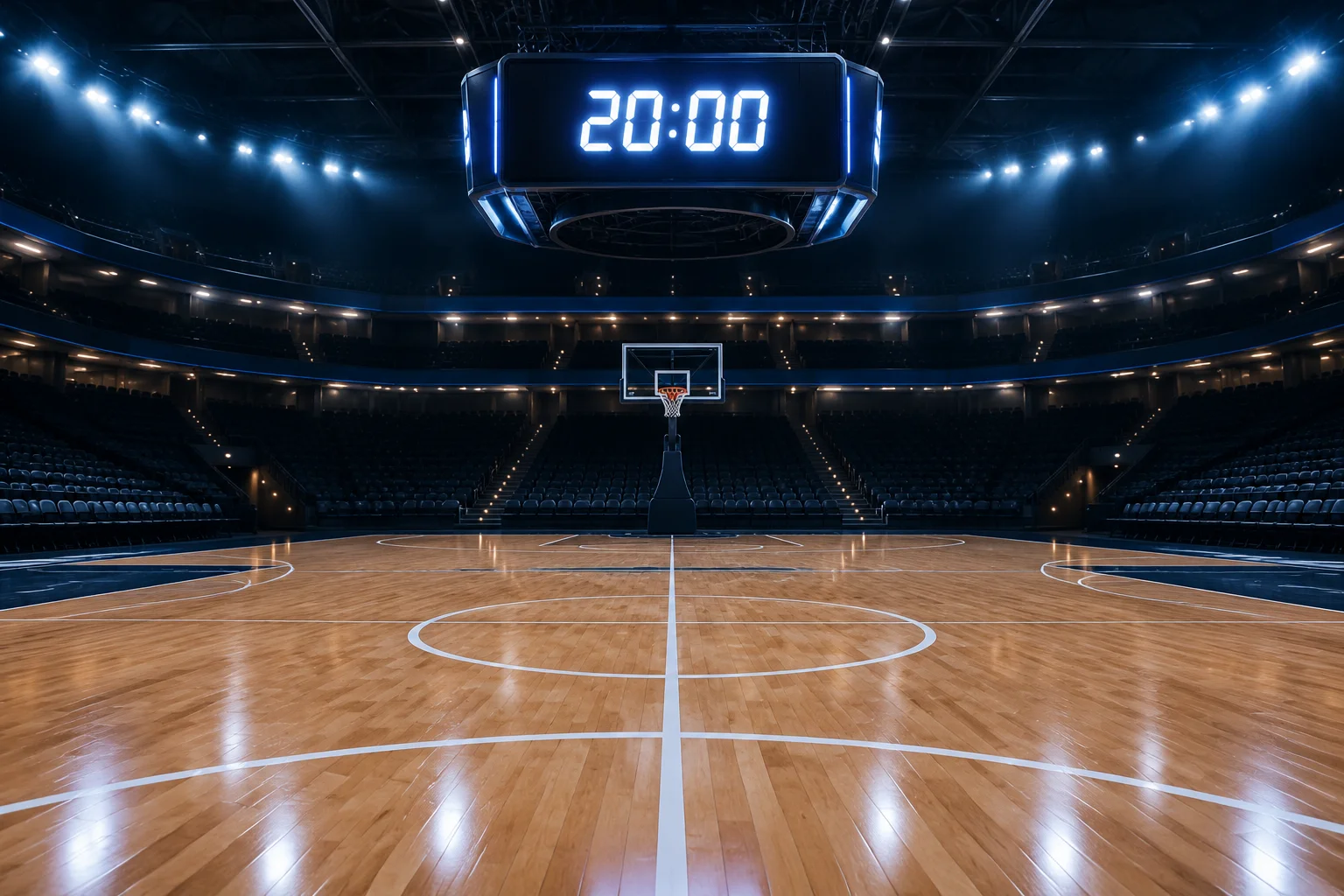 Parquet de basket et chronom&egrave;tre num&eacute;rique annon&ccedil;ant l'heure officielle du match